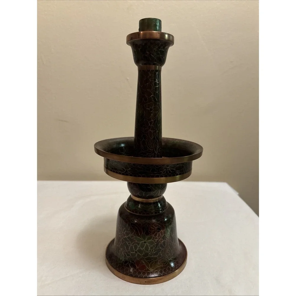 Vintage Chinese Cloisonne Floral Candlesticks Copper Brass 10.5 Inch Set of 2